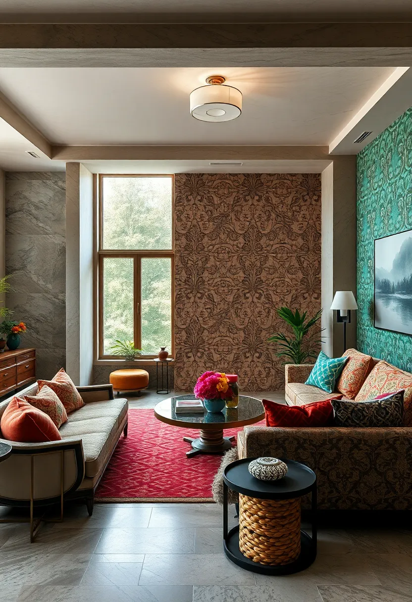 Bold tartan rugs overlay ​subdued floral upholstery, balancing rugged ​masculinity with ‍delicate femininity