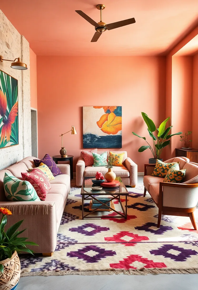 Tropical‌ prints clash brilliantly ⁢with⁤ geometric Moroccan rugs, infusing the⁢ space ⁤with ⁣worldly charm and playful energy