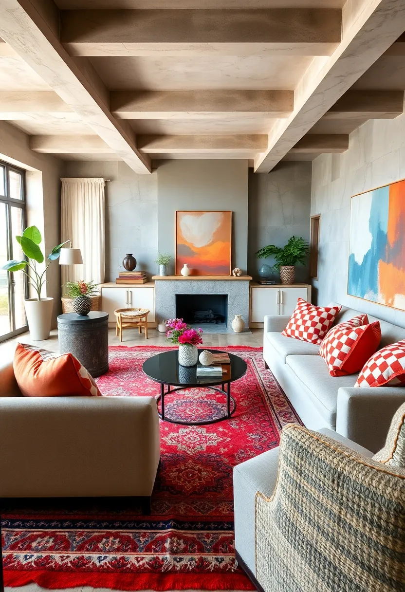 Eclectic Oriental rugs​ layered with contemporary checkered pillows produce‌ a living room buzzing with visual‍ texture