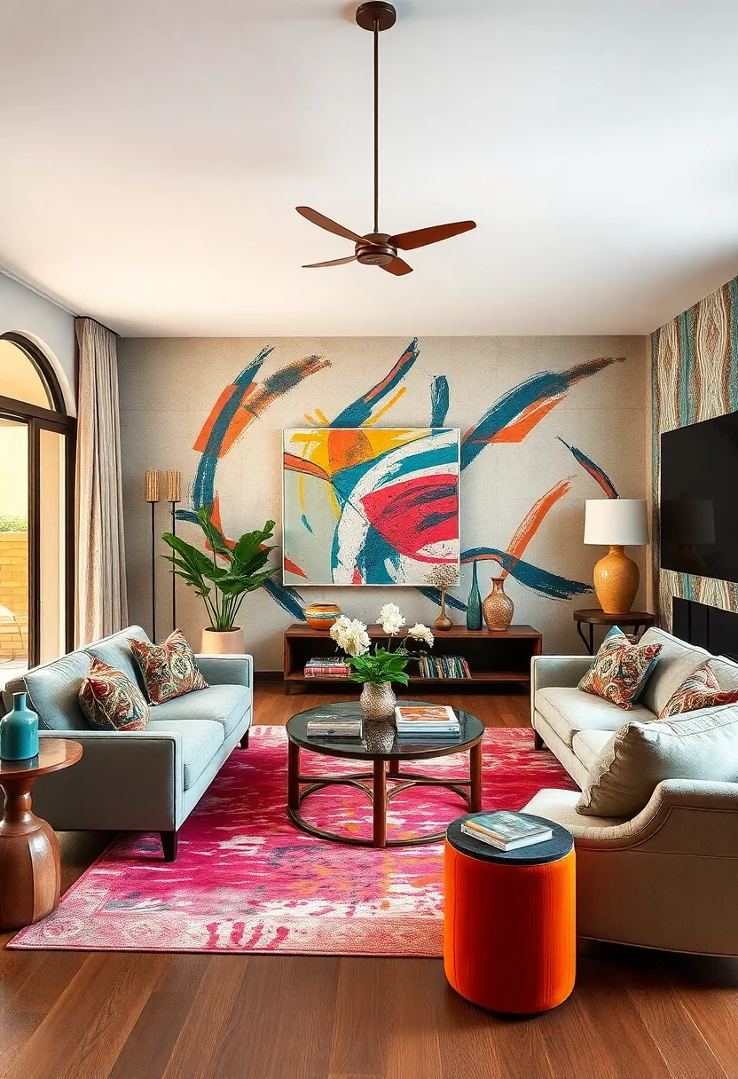 Mixing⁣ traditional damask with ‍abstract brushstroke patterns,⁤ this living⁤ room ‍dances between history and modern⁣ art