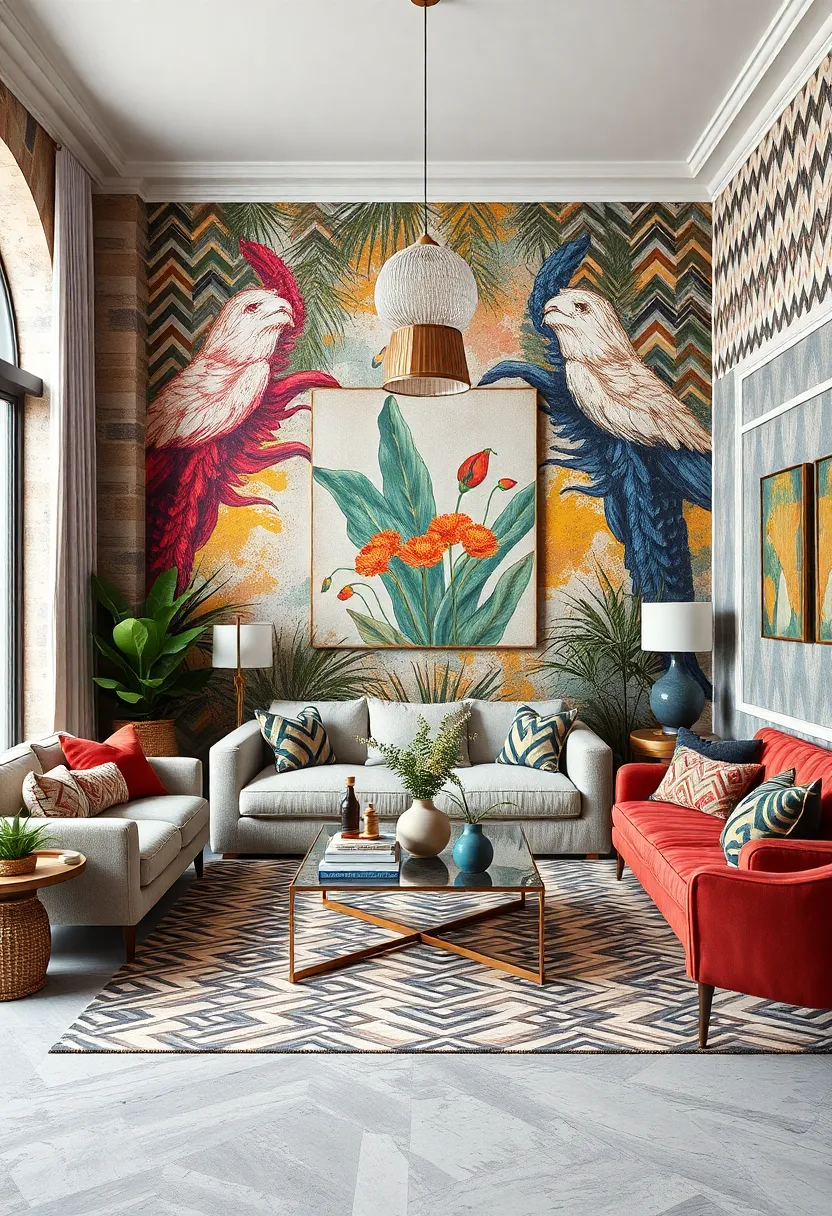 Dynamic ​zigzags meet ​delicate hand-painted murals, creating ‍a ⁤living‍ room that ​feels like curated creative ‌chaos