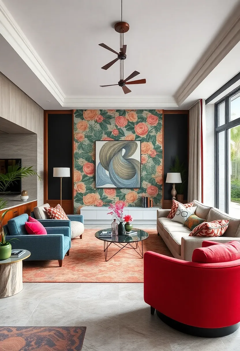Mixing bold checkerboards with⁣ soft floral ⁣wallpapers, this living room celebrates daring‍ contrasts with balanced grace