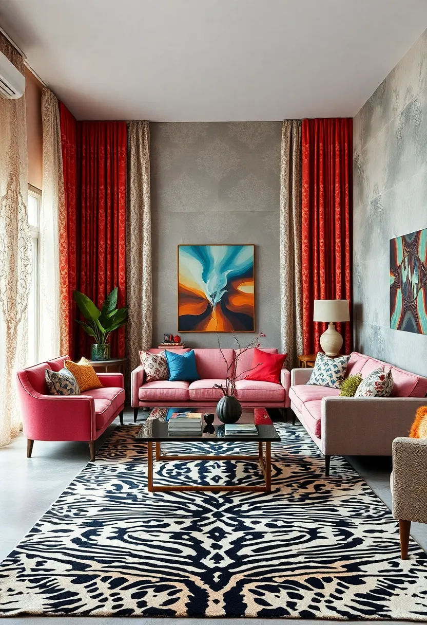 intricate lace curtains contrast with striking animal ⁤print rugs, ⁤blending softness and ⁤wildness in elegant tandem