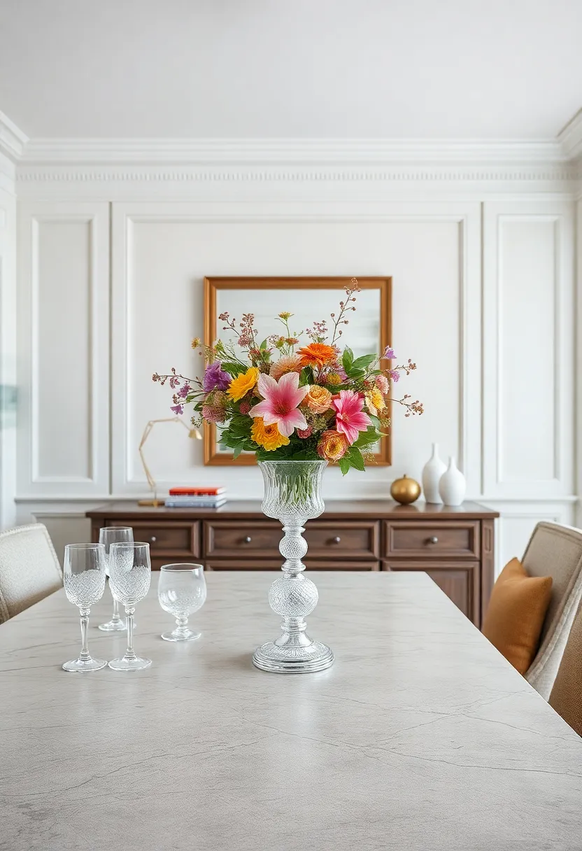 Antique Crystal Glassware Arranged on a Sideboard⁤ with​ Botanical Centerpieces