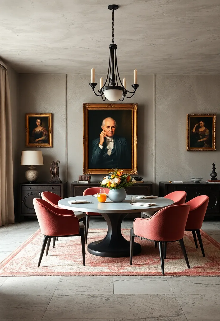 Classic Art Pieces and Vintage Portraits Enhancing​ Dining Room walls with Subtle Sophistication