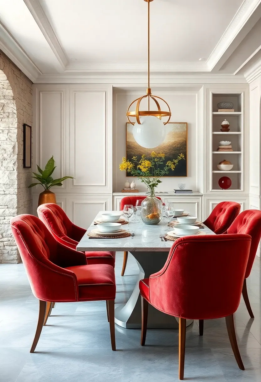 Crisp⁢ White China Dishes Highlighted⁢ by Rich velvet Upholstered ⁢Dining Chairs