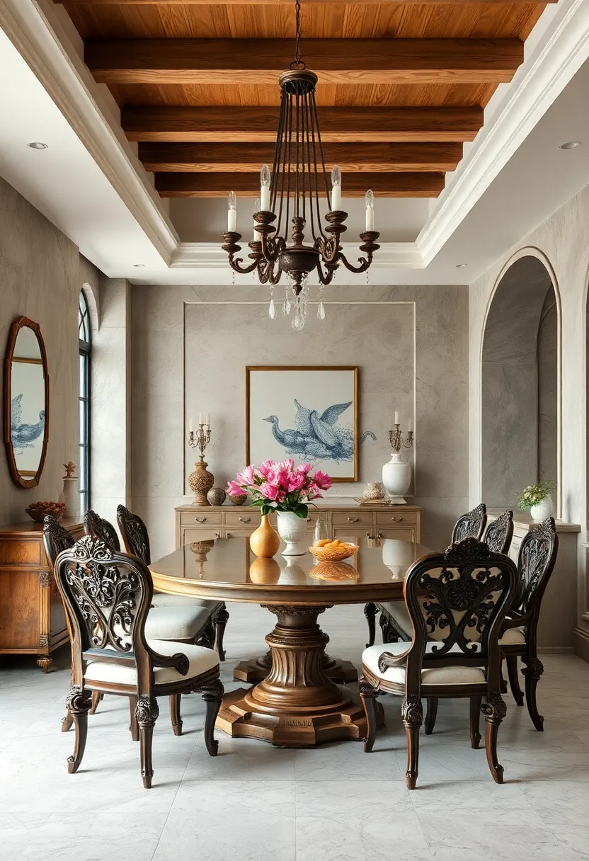 Intricate Hand-Carved Woodwork Embellishing chairs and Sideboards in Elegant Dining​ Rooms
