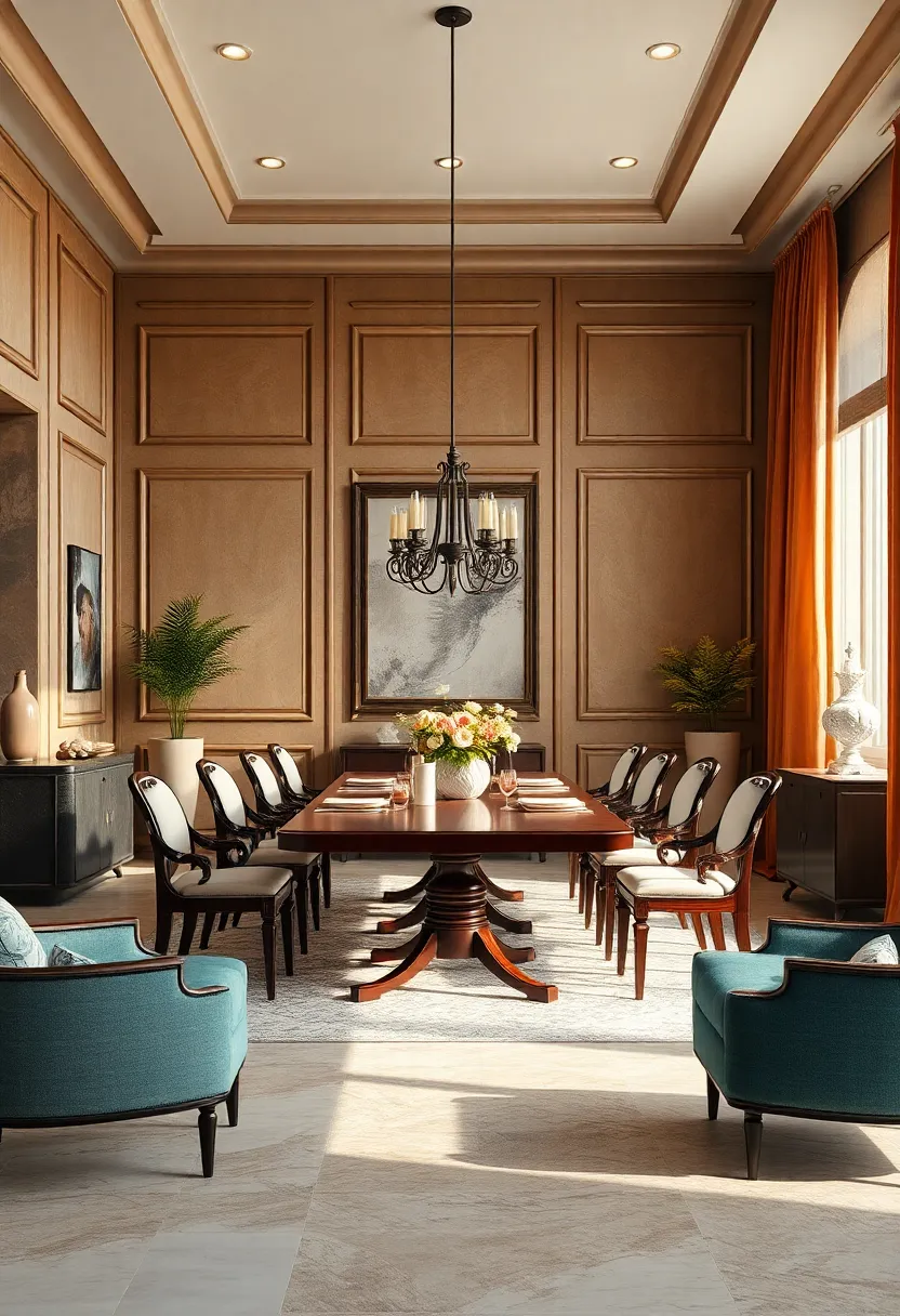 A Stately mahogany Dining Set Surrounded by Timeless Wall Paneling and Rich Draperies