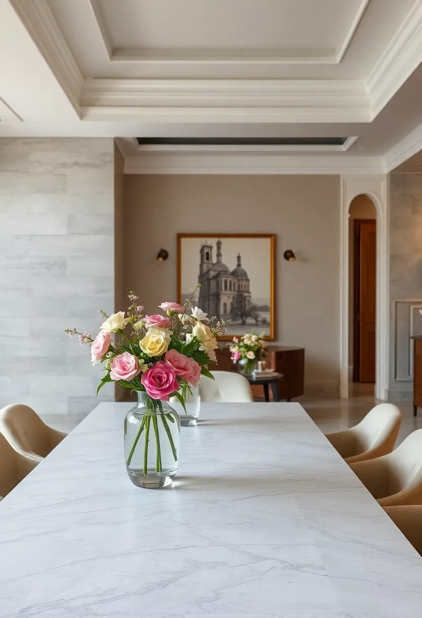 Timeless Floral Centerpieces Arranged in Elegant Vases on Long,Refined Dining Tables