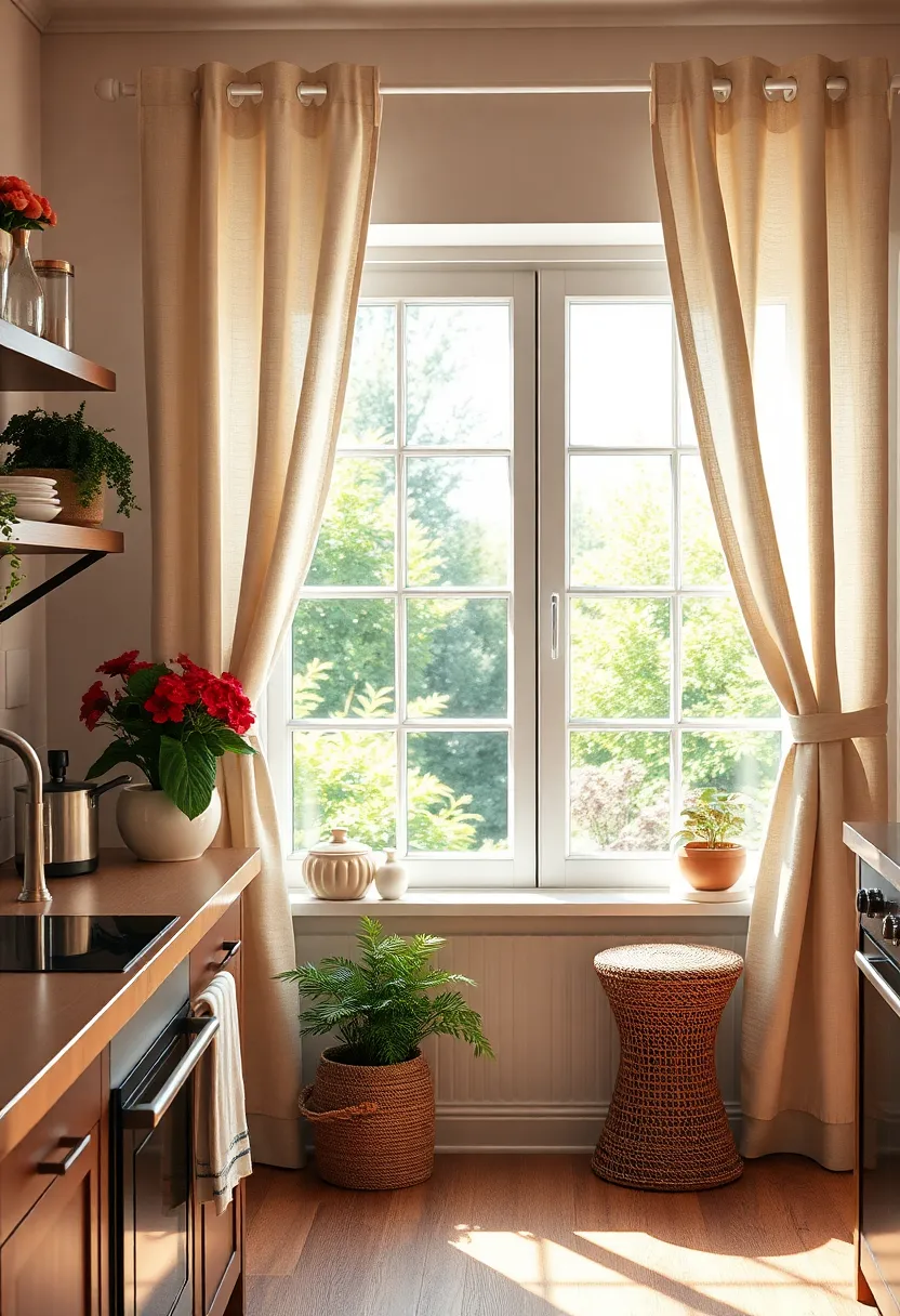 Billowy‌ Linen Curtains Framing A Quaint Cottage Kitchen Window Overlooking A Sunny ‍Garden