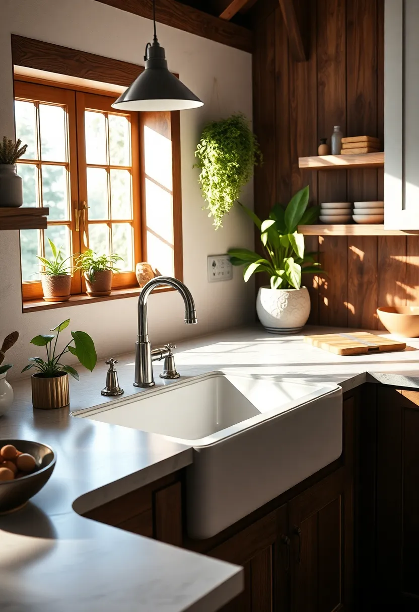 A ⁣Farmhouse Sink With A Polished Faucet ‌Set Against ⁢A Backdrop Of Soft Stone Countertops