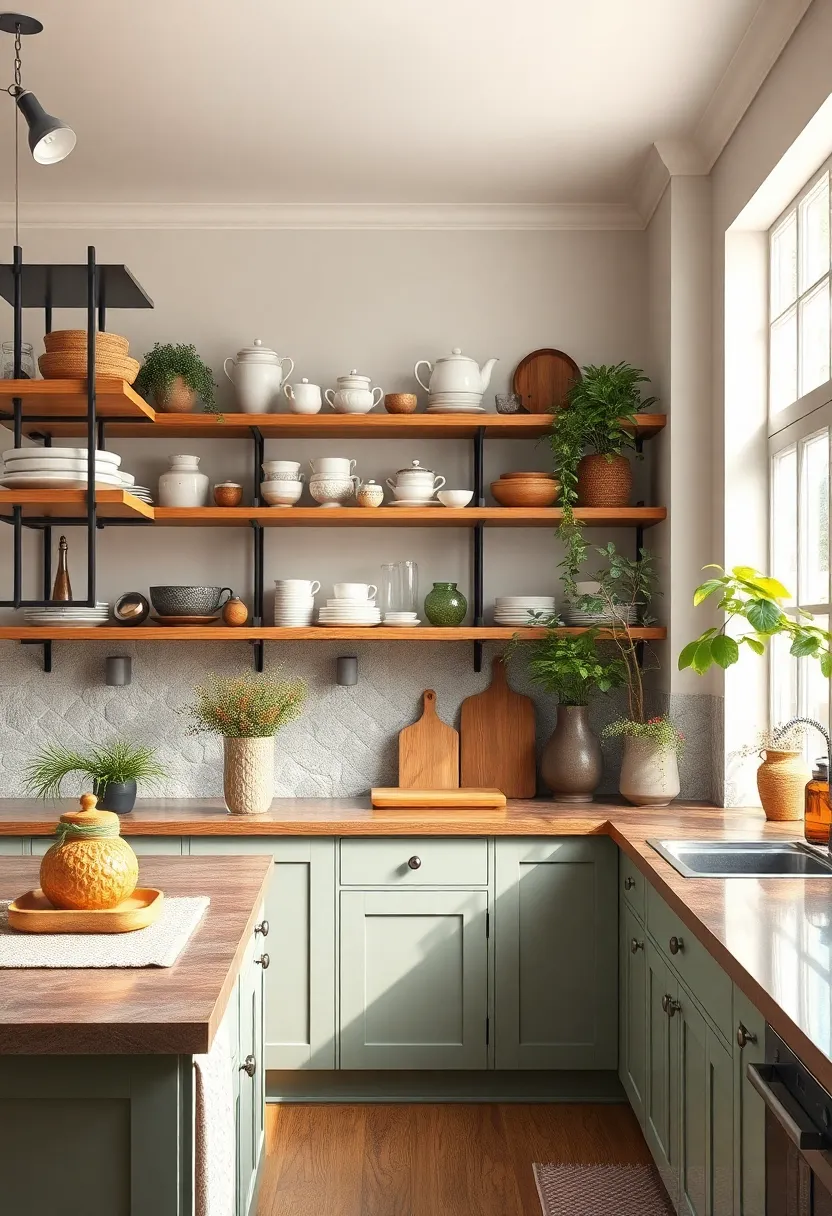 Open Shelving Displaying Classic Pottery and Glassware to​ Evoke Cozy Country Kitchen Vibes