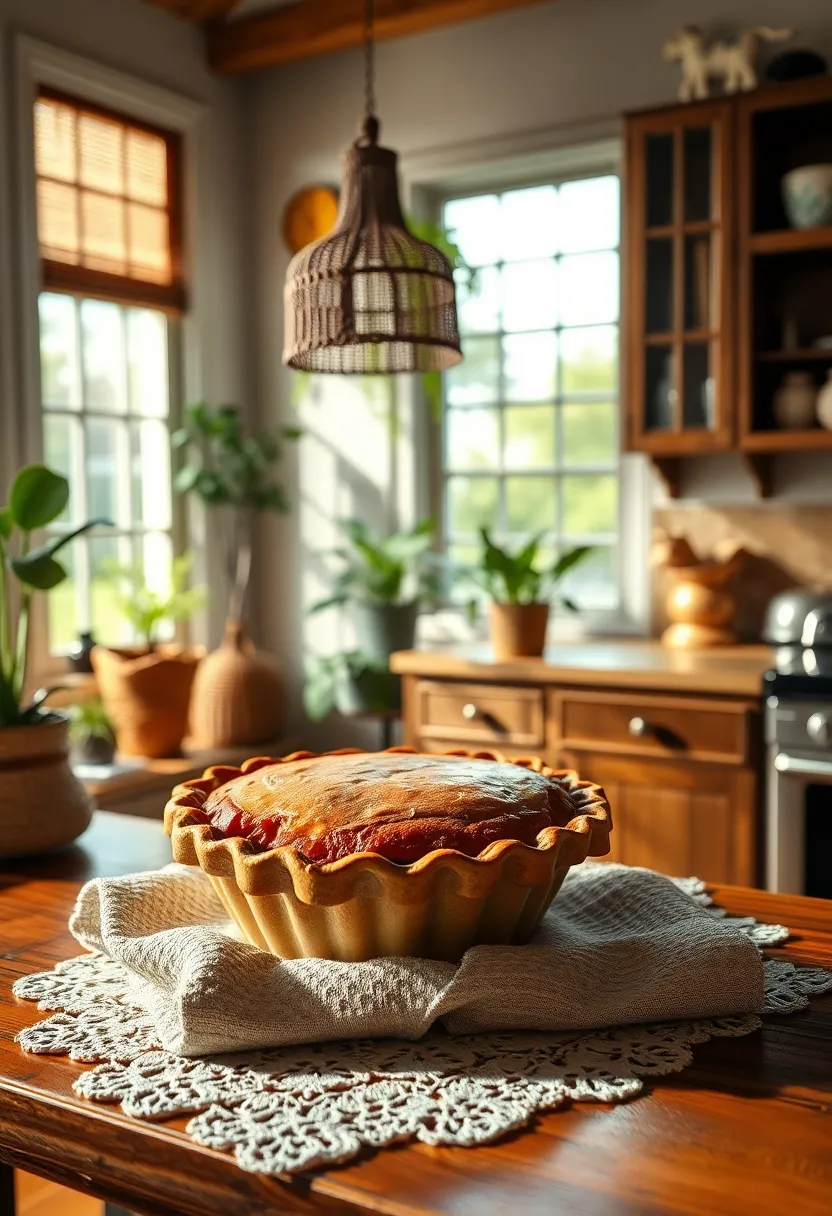 A Quaint Pie Cooling On A Lace-Trimmed Cloth ​Emphasizing Homemade ⁤Comfort In⁣ The Cottage ‌Kitchen