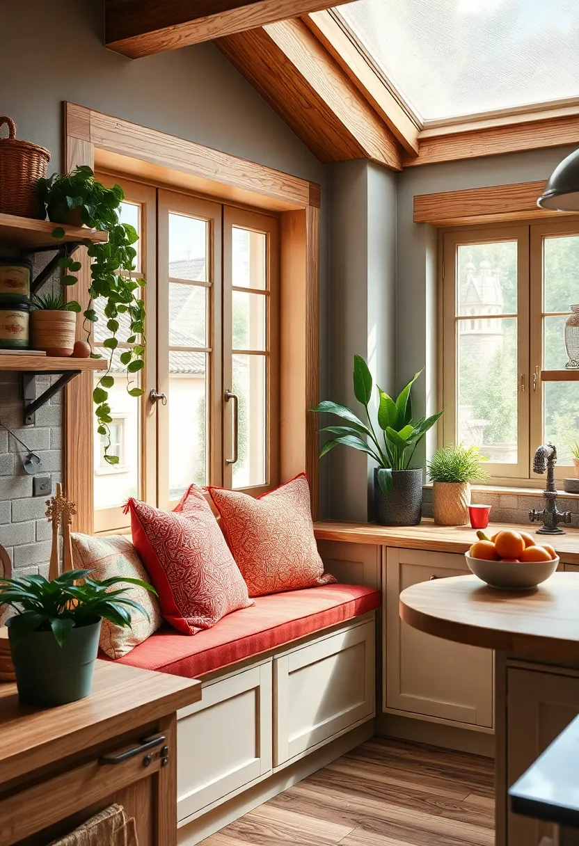 A Quaint⁤ Window Seat​ With Colorful Cushions Perfect For Relaxing ⁢Amidst‍ Kitchen Activity
