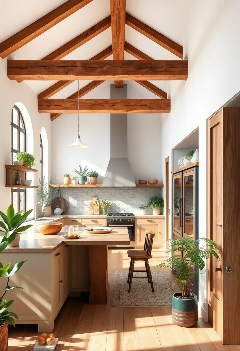 Rustic Open Beams Contrasting With smooth White ⁢Walls To Create ‍A Balanced Cozy Kitchen Atmosphere