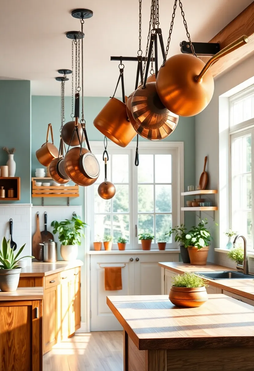 Whimsical Pot racks Suspended From ceilings Showcasing Copper⁤ Pans ⁢And Unique Cookware