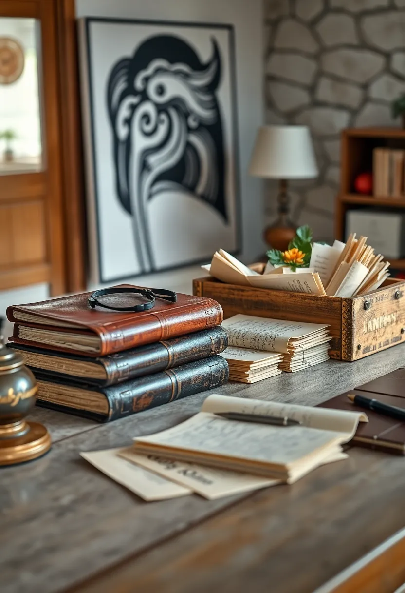 Aged Leather-Bound journals Resting Alongside ‌Worn‌ Wooden Boxes Filled with Handwritten Letters