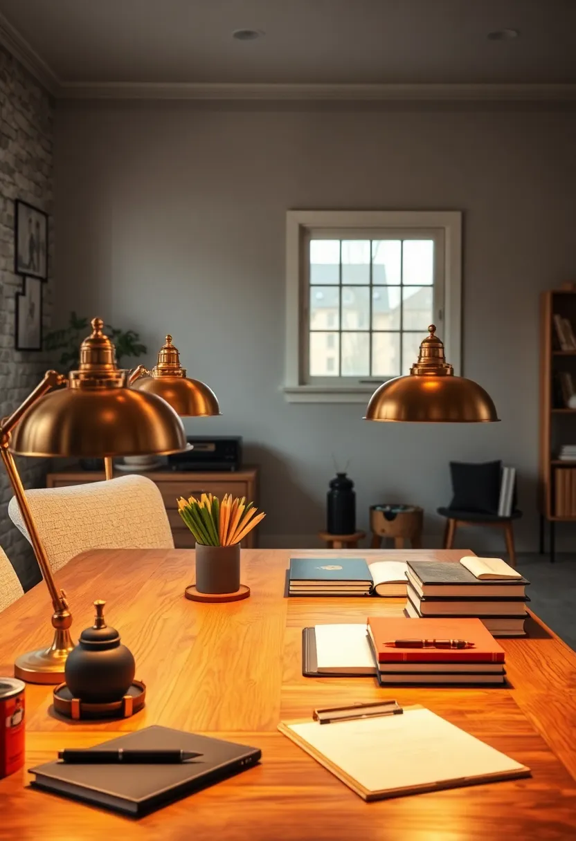 Antique ⁤Brass Desk Lamps ⁤Casting Warm ⁢Pools of Light Over Organized Wooden Work Surfaces