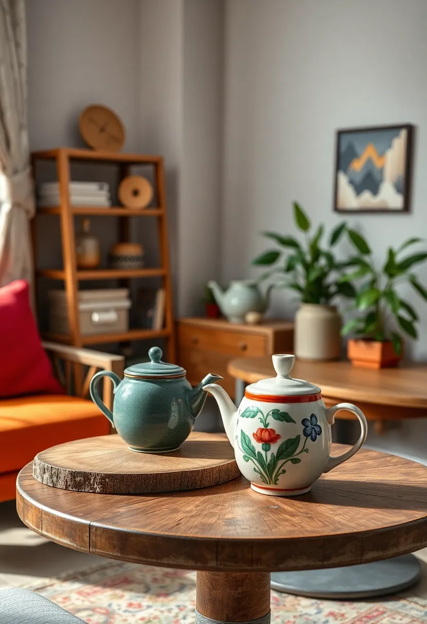 Ceramic ‌Teapots and Hand-painted Mugs Resting on Weathered Wooden tables in⁣ Cozy Corners