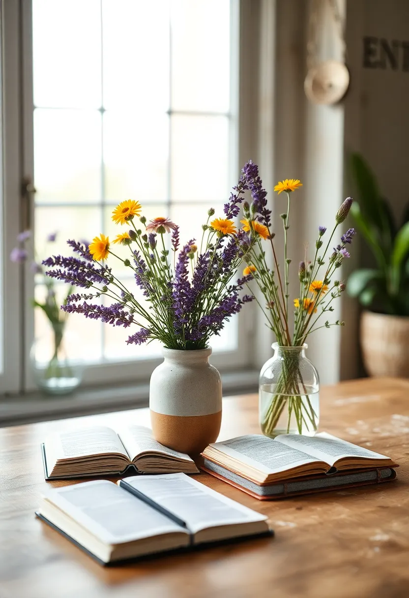 Ceramic​ Vases Overflowing with Lavender ​and wildflowers Sitting Beside Open Notebooks