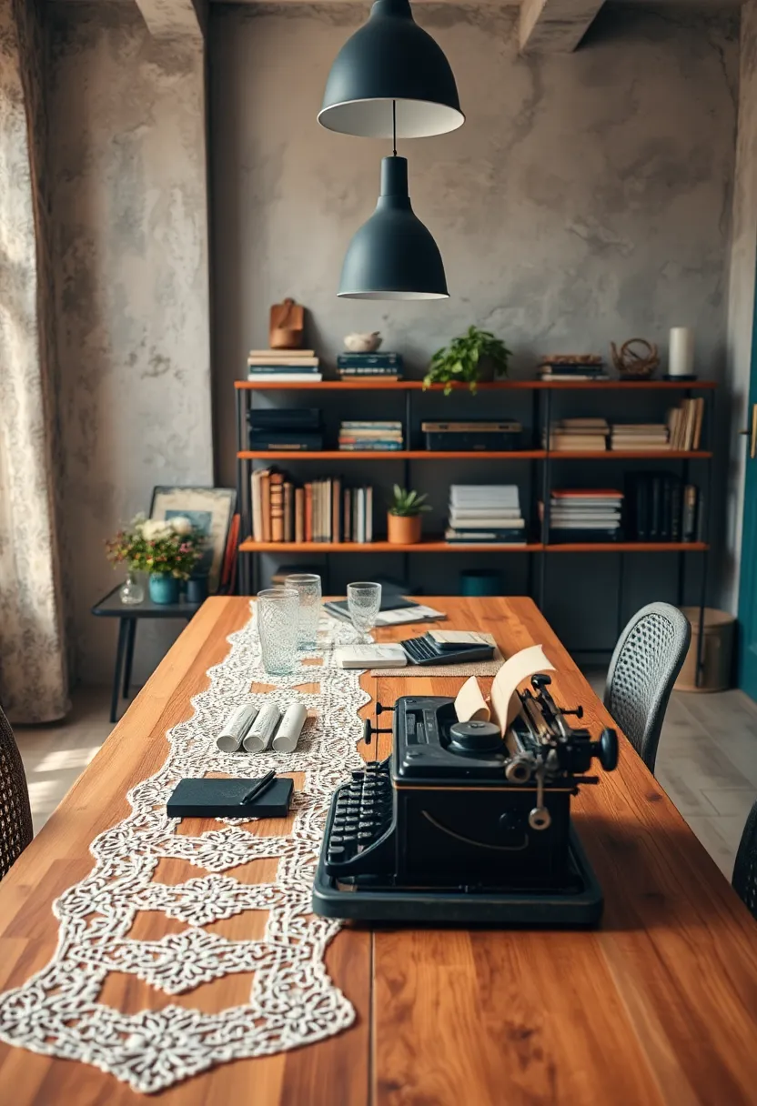 Delicate Lace Table Runners Sitting Underneath ⁣Antique Typewriters Surrounded by Calligraphy Supplies