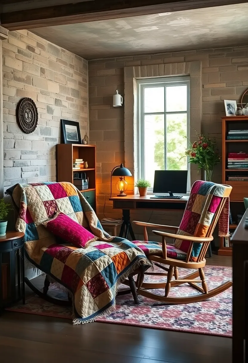 patchwork ‍Quilts⁤ Draped ​Over‌ Vintage⁤ Rocking Chairs Offering Cozy​ Moments Away From the ​Screen