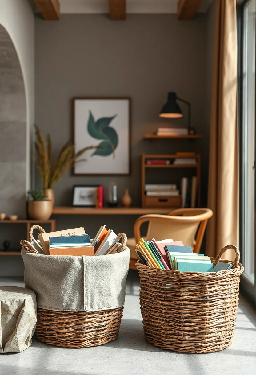 Rustic​ Wicker ‍Baskets ⁣Filled with journals and Writing Tools for‍ Creative Inspiration Storage