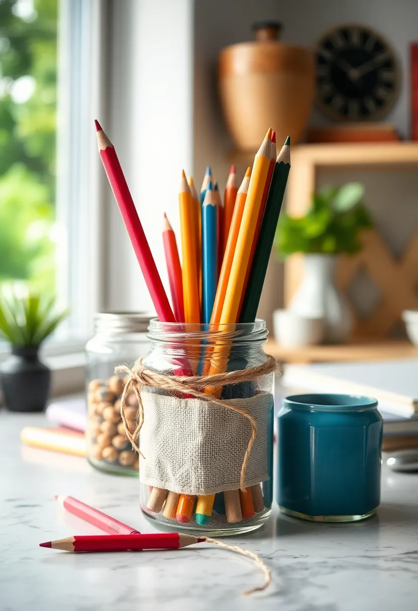 Simple Mason Jar Storage‌ Filled with‍ Colored Pencils and Natural Twine ​Creating Artistic ⁢Order