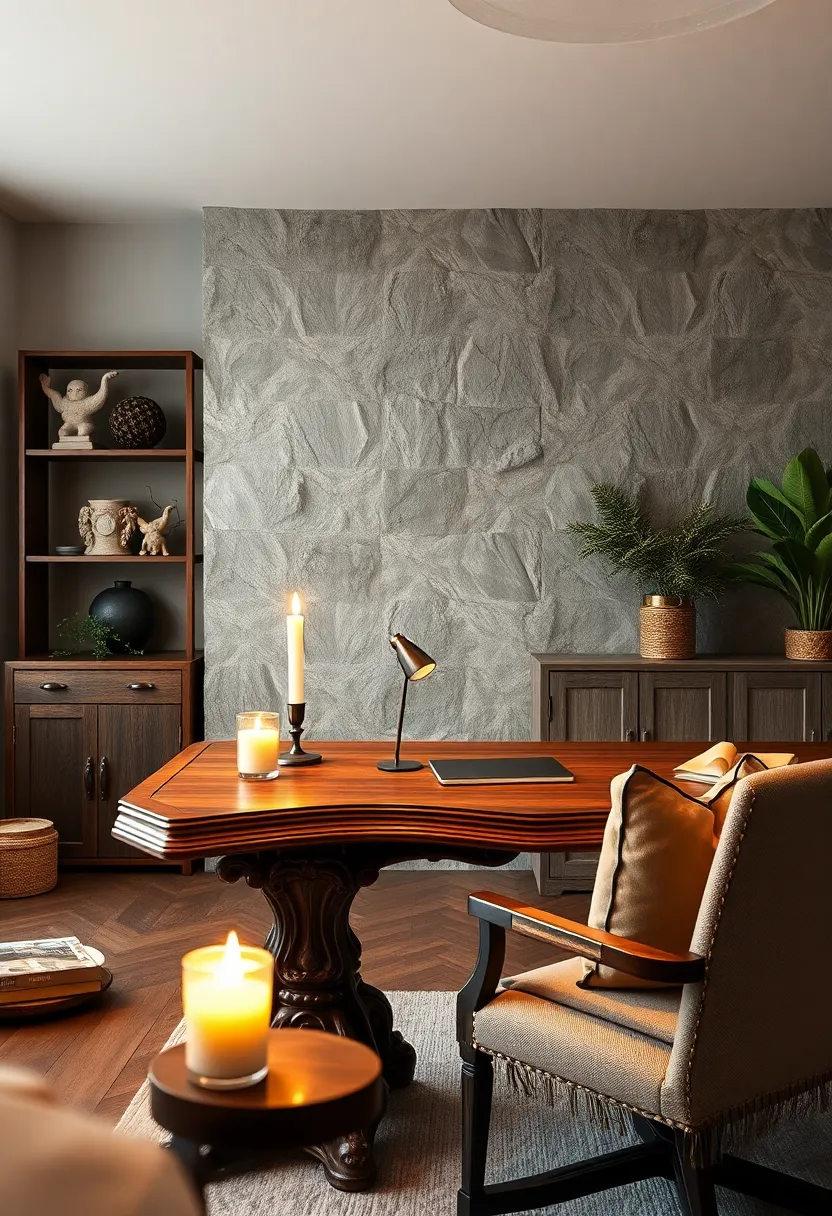 Soft Candlelight flickering‍ beside ⁤a ⁤Hand-Carved⁢ Wooden Work Desk​ Inviting Focus and⁣ Calm