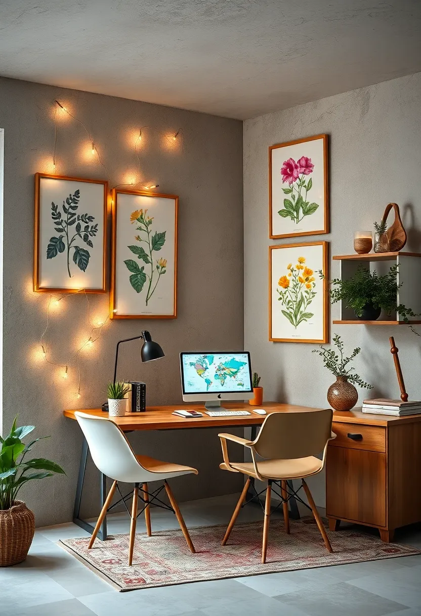 Vintage Botanical prints⁣ Hanging alongside Fairy Lights Creating a⁤ Dreamy⁢ Workspace Atmosphere
