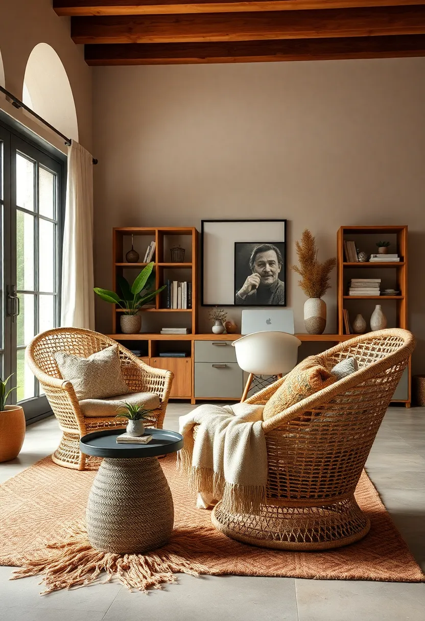 Woven Rattan Chairs Paired with Plush,Earth-Toned Throw Blankets for Ultimate Comfort