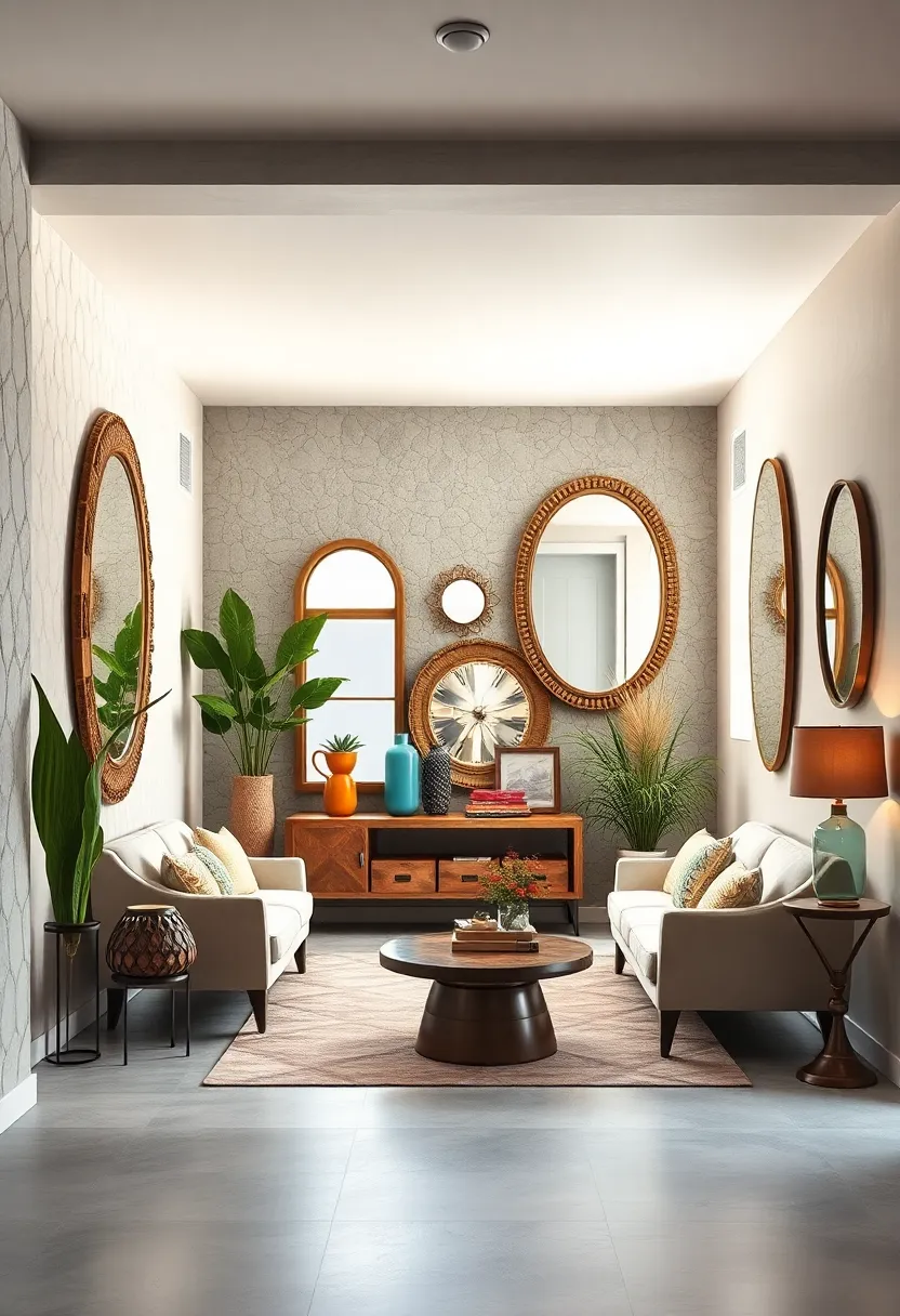 Arrangement Of Quirky Mirrors And Sculptural‍ Pieces Enhancing‌ Light‌ And Visual⁢ Depth