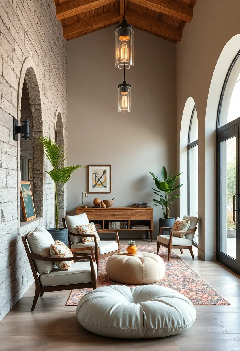 Layered Seating Options Featuring Eclectic chairs ⁤And Poufs For A Welcoming Entry⁤ Zone
