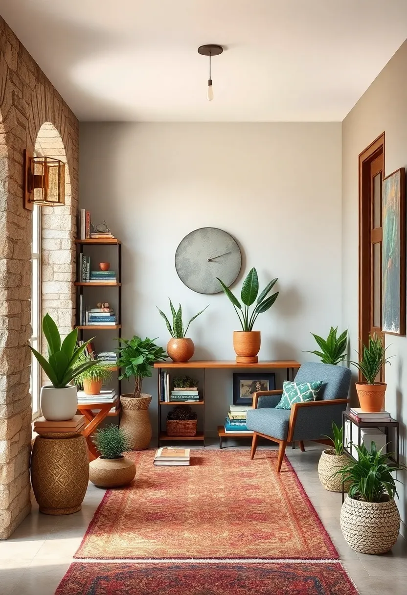 Playful Arrangement Of Books, Trinkets And Plants ⁤Turning An Entryway⁤ Into A Curated Nook