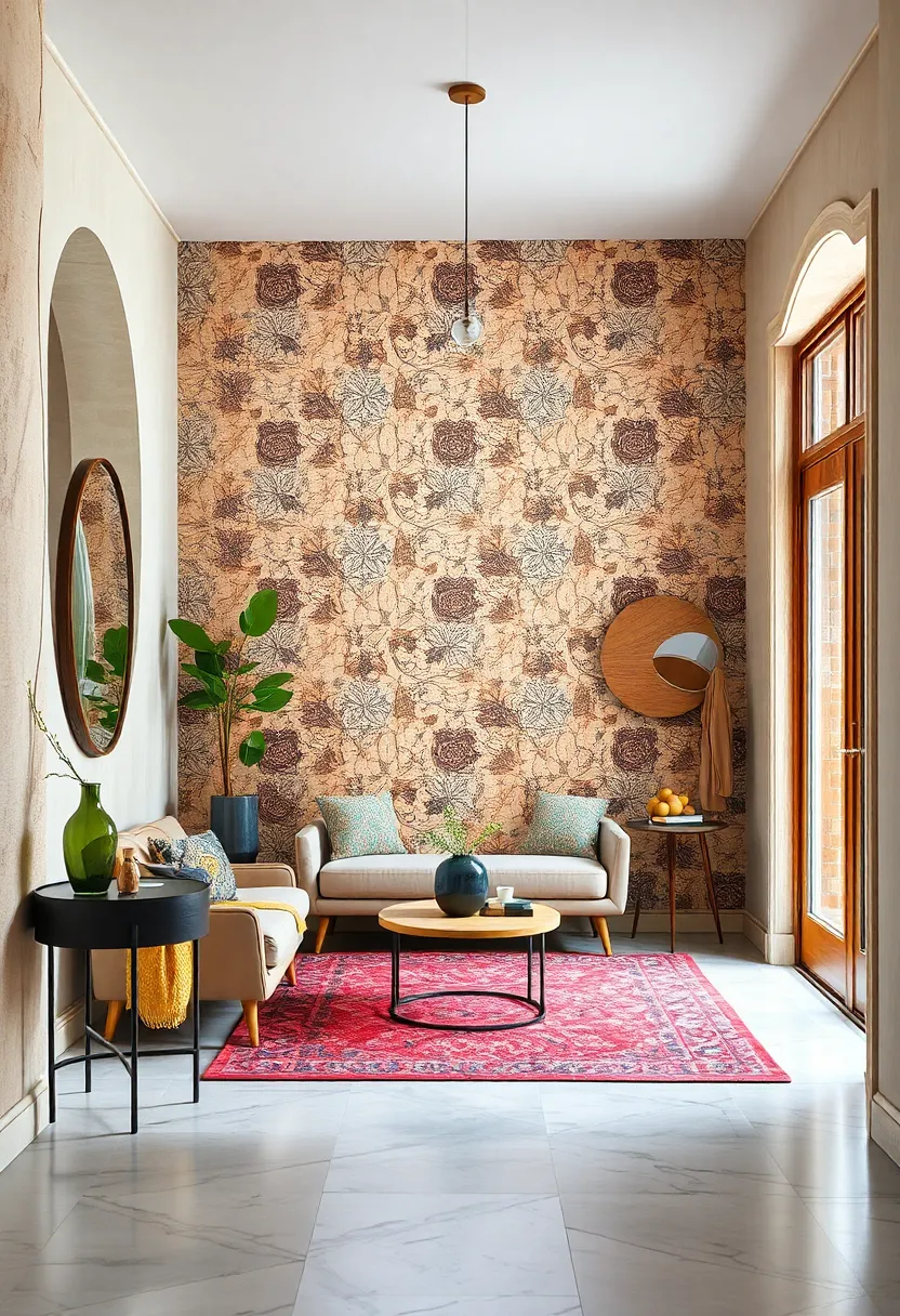 Textured Wallpaper With Unconventional ‍Patterns⁤ Acting ​As A ​bold Entryway‍ Backdrop