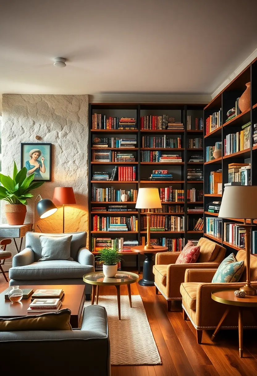 Use vintage table lamps alongside eclectic bookshelves to create cozy reading corners