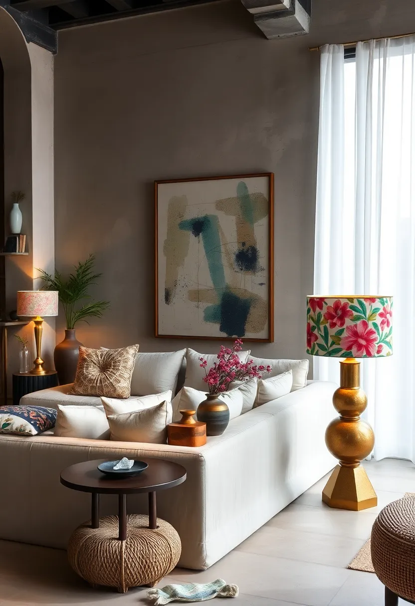 Combine floral vintage lampshades with abstract art to balance softness and edge
