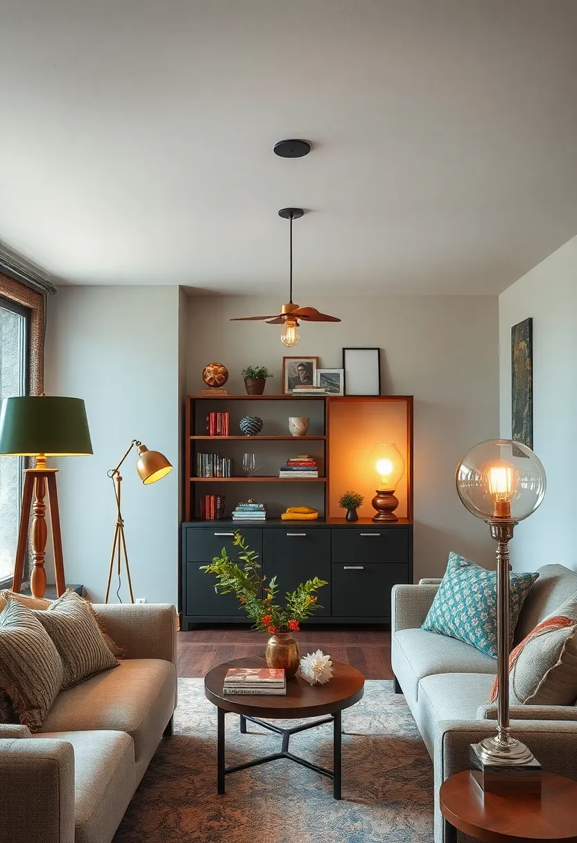 Combine warm vintage lamp light with cool-toned walls to create inviting contrast