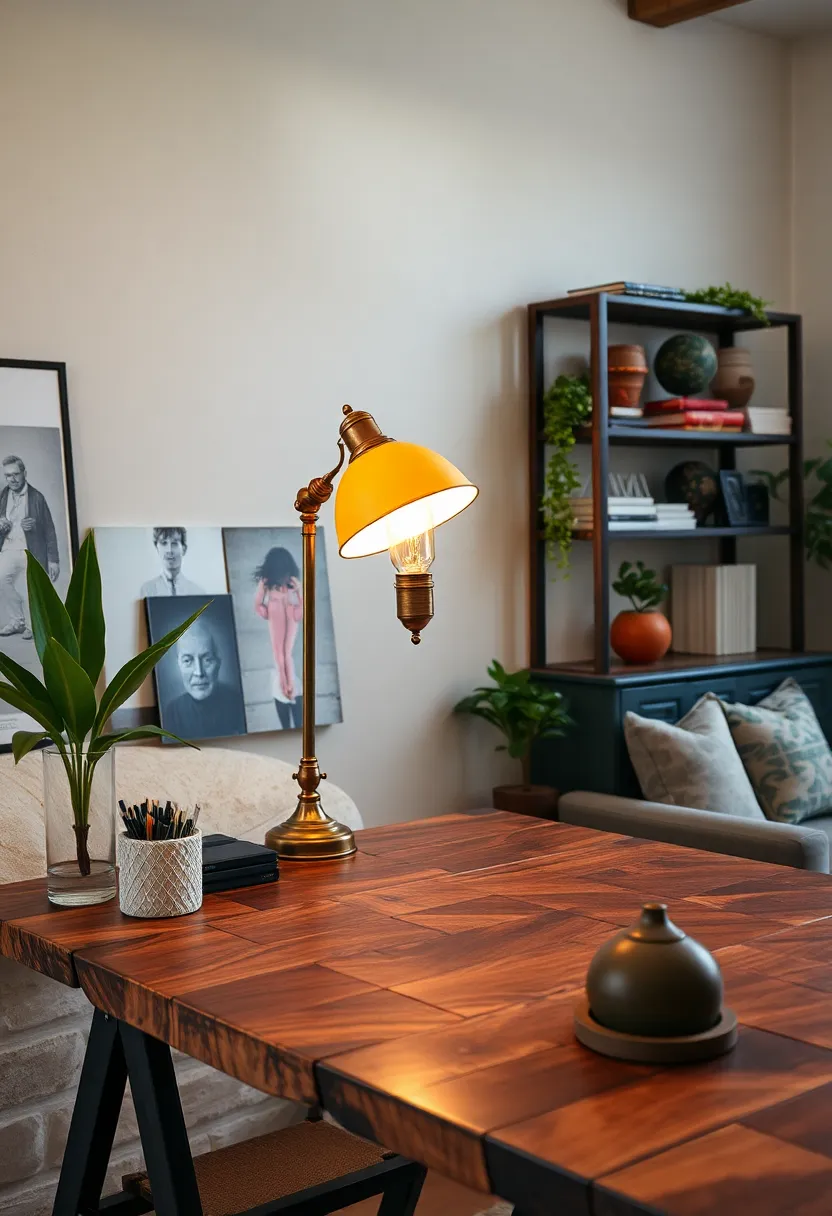 Position a vintage​ banker’s lamp‍ on a reclaimed wood desk in your creative workspace