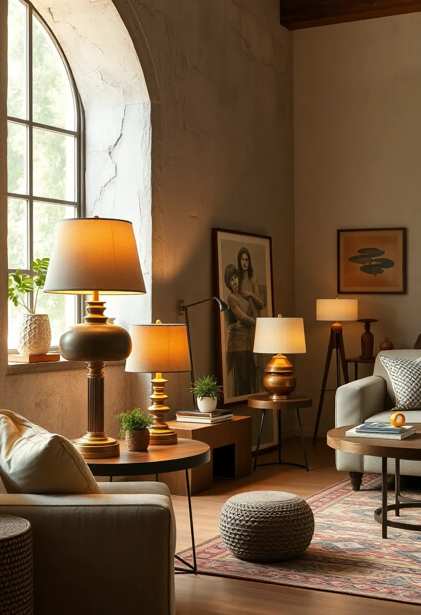 Place vintage lamps on mismatched side tables for a charmingly imperfect look
