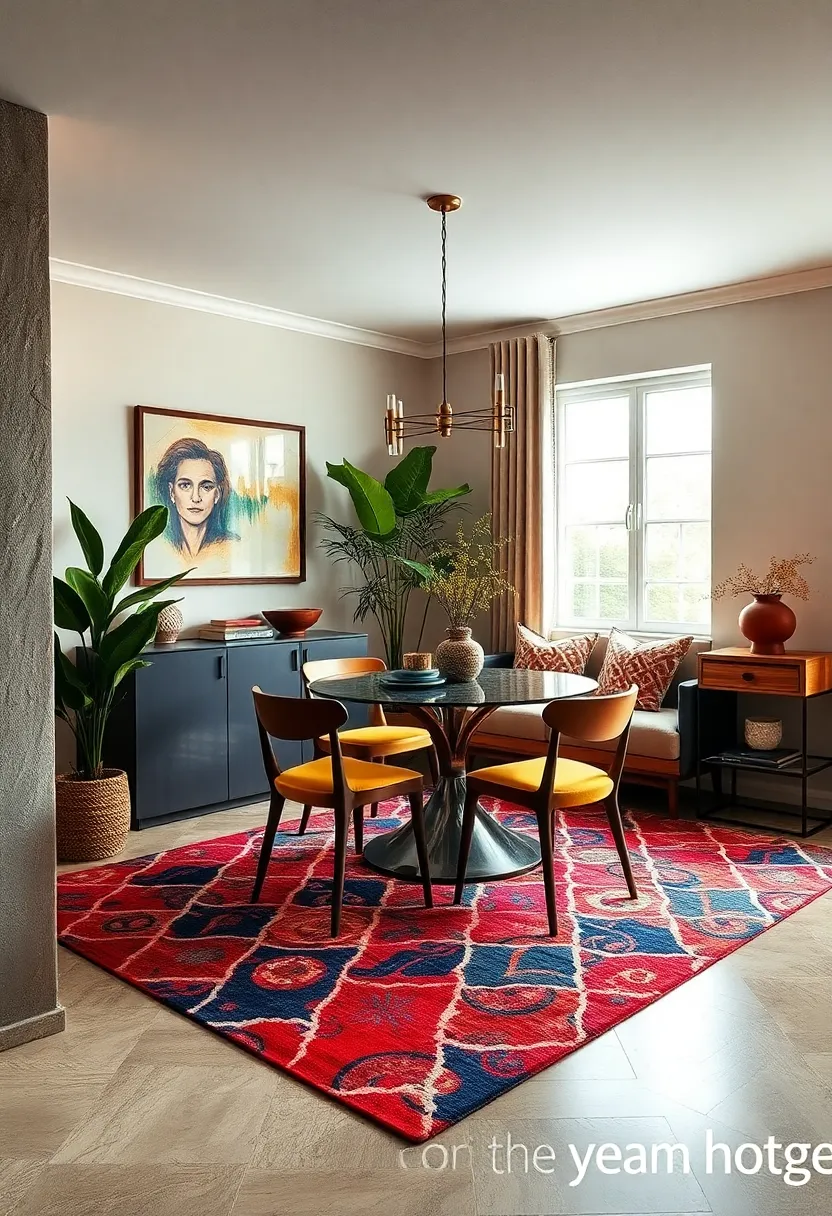 Bold⁤ geometric ‌Rug Anchoring a ⁢Small Corner ​Dining ⁢Set