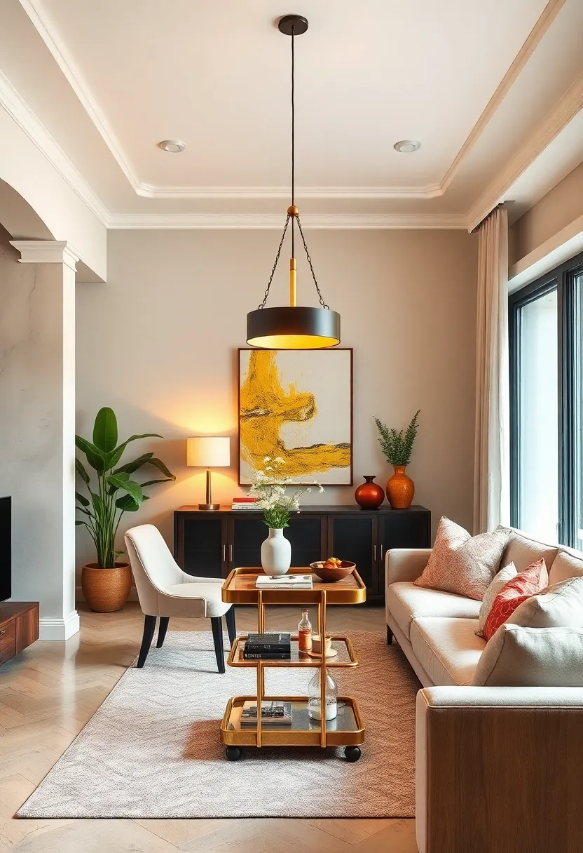 Statement Pendant⁤ Light Hanging Over a Compact⁤ Bar Cart