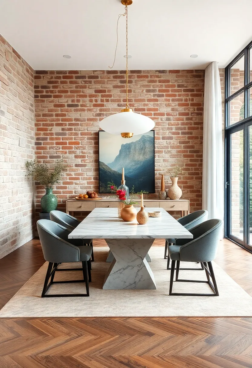 Contrasting textures ⁢unite⁤ in this dining room where ‍rough brick meets a glossy ⁢marble‍ table, embodying rustic luxury