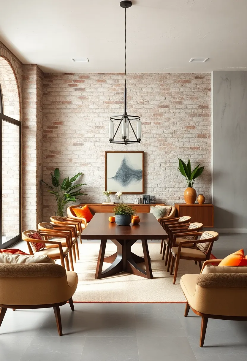A curated mix⁣ of mid-century modern and rustic elements come together against a ⁣backdrop ⁣of⁢ exposed brick⁤ and textured plaster