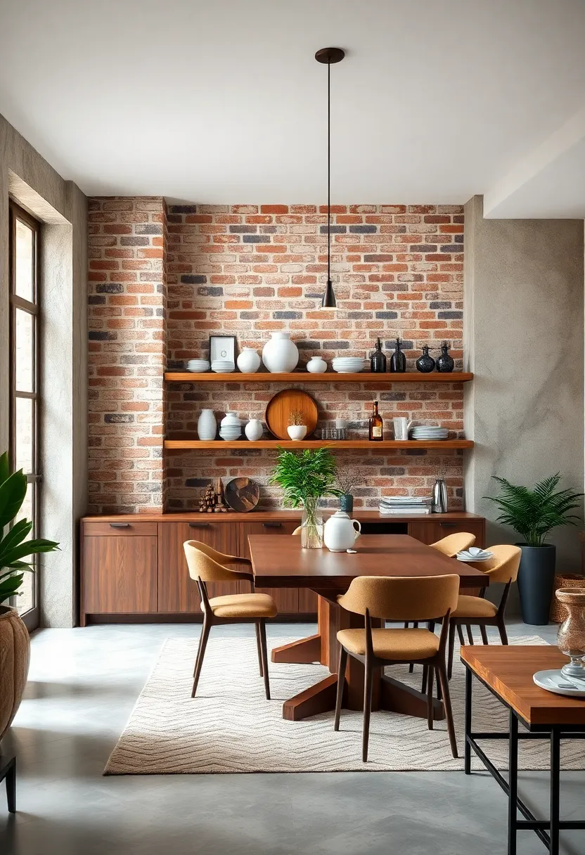 The exposed brick wall⁢ acts ⁤as a stunning focal point behind built-in wooden ​shelving, displaying curated dining ware and artisanal decor