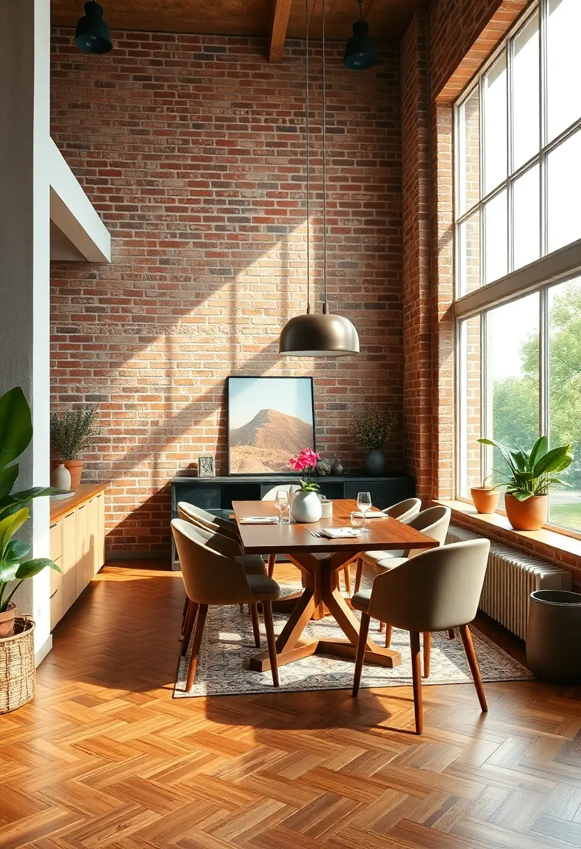 Floor-to-ceiling ⁤windows flood this exposed brick ‌dining nook with natural light, illuminating⁤ the earthy reds​ and⁤ browns of the masonry