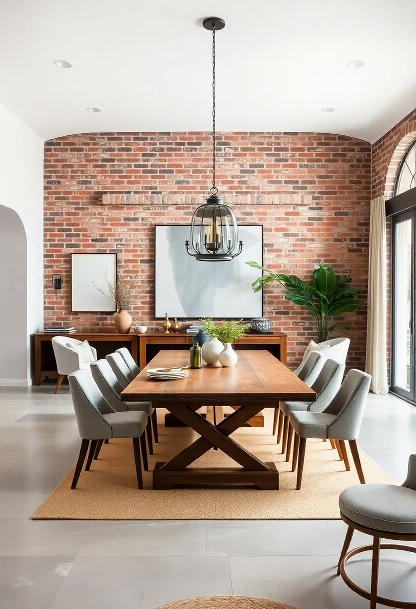 A large farmhouse table anchors this airy dining space, where exposed brick walls introduce a ⁣tactile, historic dimension