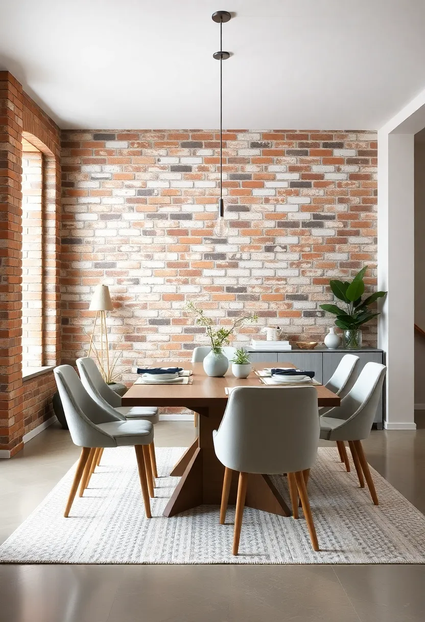 A modern⁣ dining set with ‍clean lines is grounded by the raw​ charm of a distressed brick wall, striking a balance between contemporary and rustic