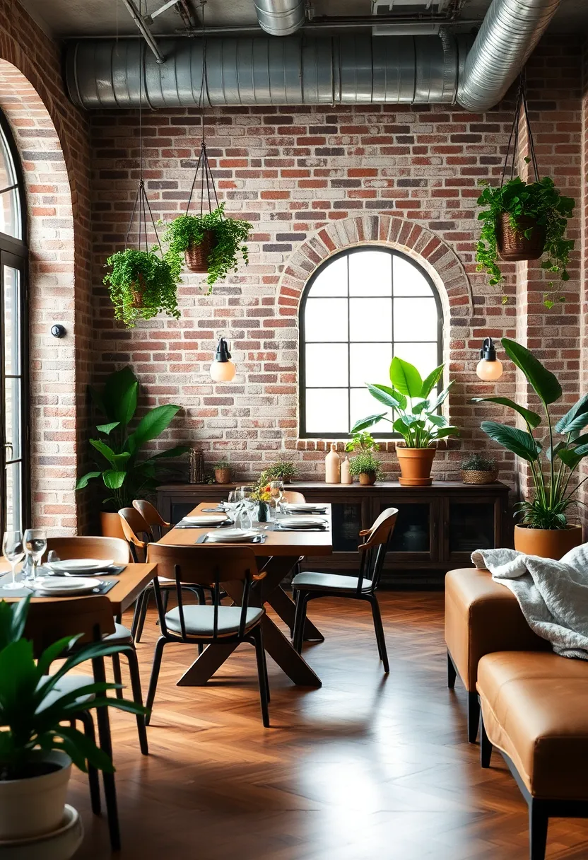 Natural greenery and hanging planters introduce a fresh element to this exposed brick dining ‌setting, blending nature with urban style effortlessly