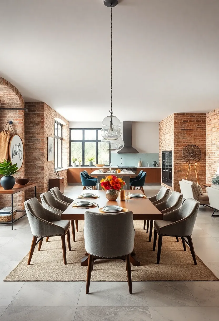 An ​open-plan dining area uses exposed brick ‌to tie together kitchen and living⁢ spaces, maintaining continuity with rustic elegance